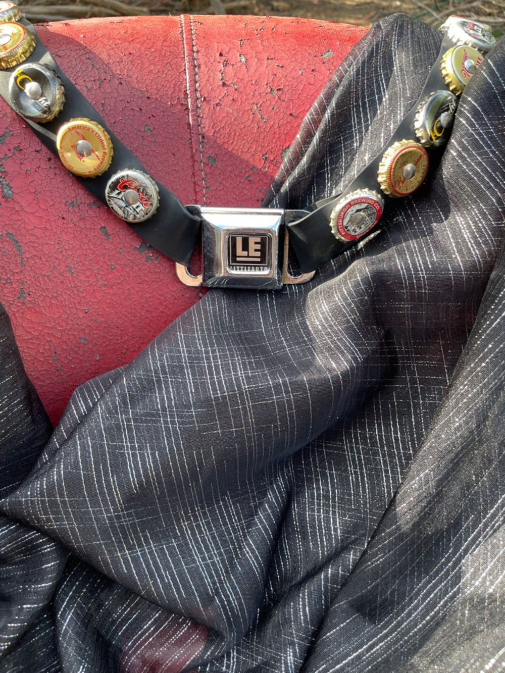 Little Earth Black Leather Belt with Multicolor Bottle Cap Accents